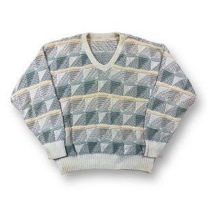 Vintage 90s Retro 3D Textured Knit Geometric Sweater Sz Large V Neck
